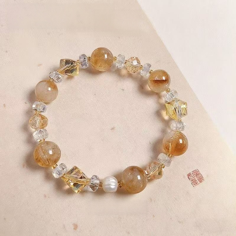 Natural Golden Rutilated Quartz Citrine Bracelet Pearl Clear Quartz Two Tone Beaded Chain Wealth Energy Jewelry For Women