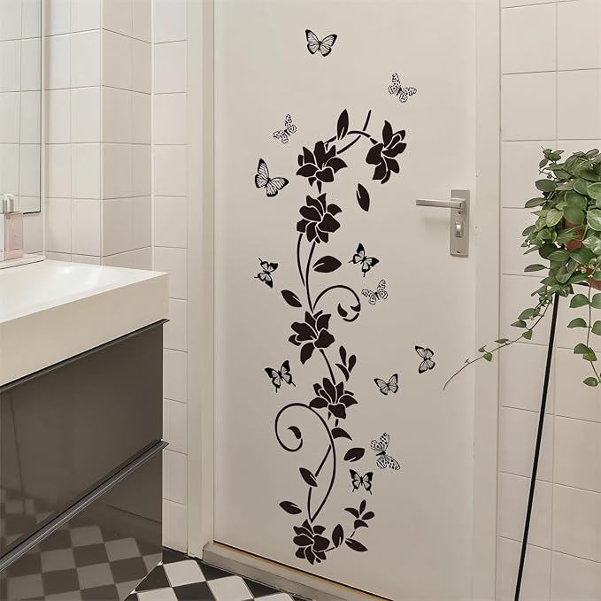 Black Flower Vine Butterfly Wall Stickers Removable Floral Vinyl Peel And Stick Wall Decals For Home Decor