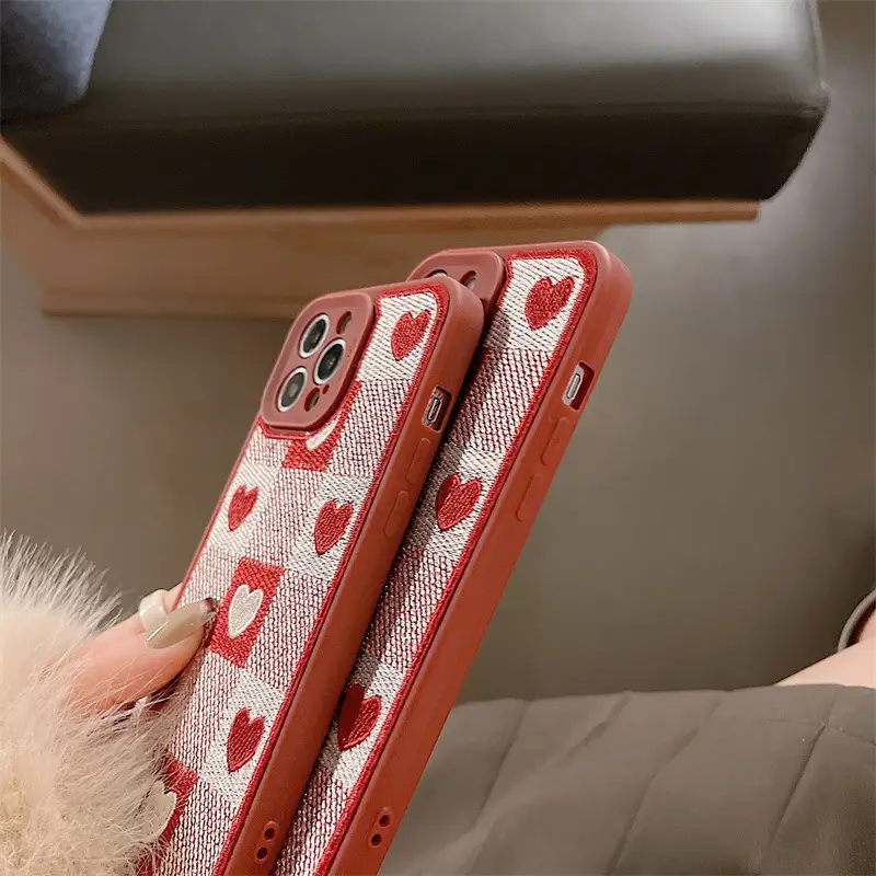 Chessboard Grid Love Embroidery Phone Case