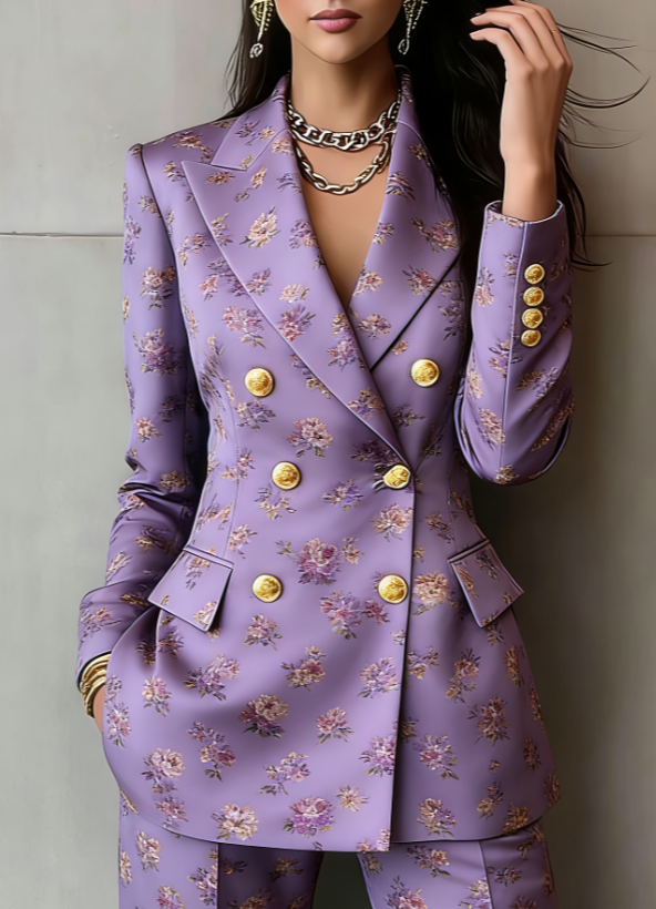 Retro Geometric Double-breasted Suit Jacket For Women, Long-sleeved, Slim Fit, Suitable For Commuting.