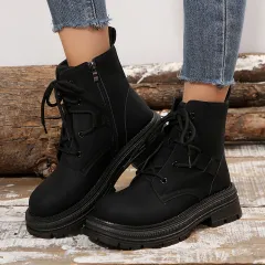 Square-heeled Lace-up Boots For Women Fall Winter All-match Slim Shoes Fashion Ankle Boot - Black - View 1
