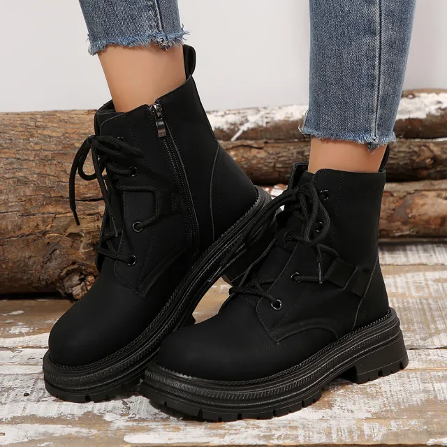 Square heeled Lace up Boots For Women Fall Winter All match Slim Shoes Fashion Ankle Boot Black - Shop at LoveMi