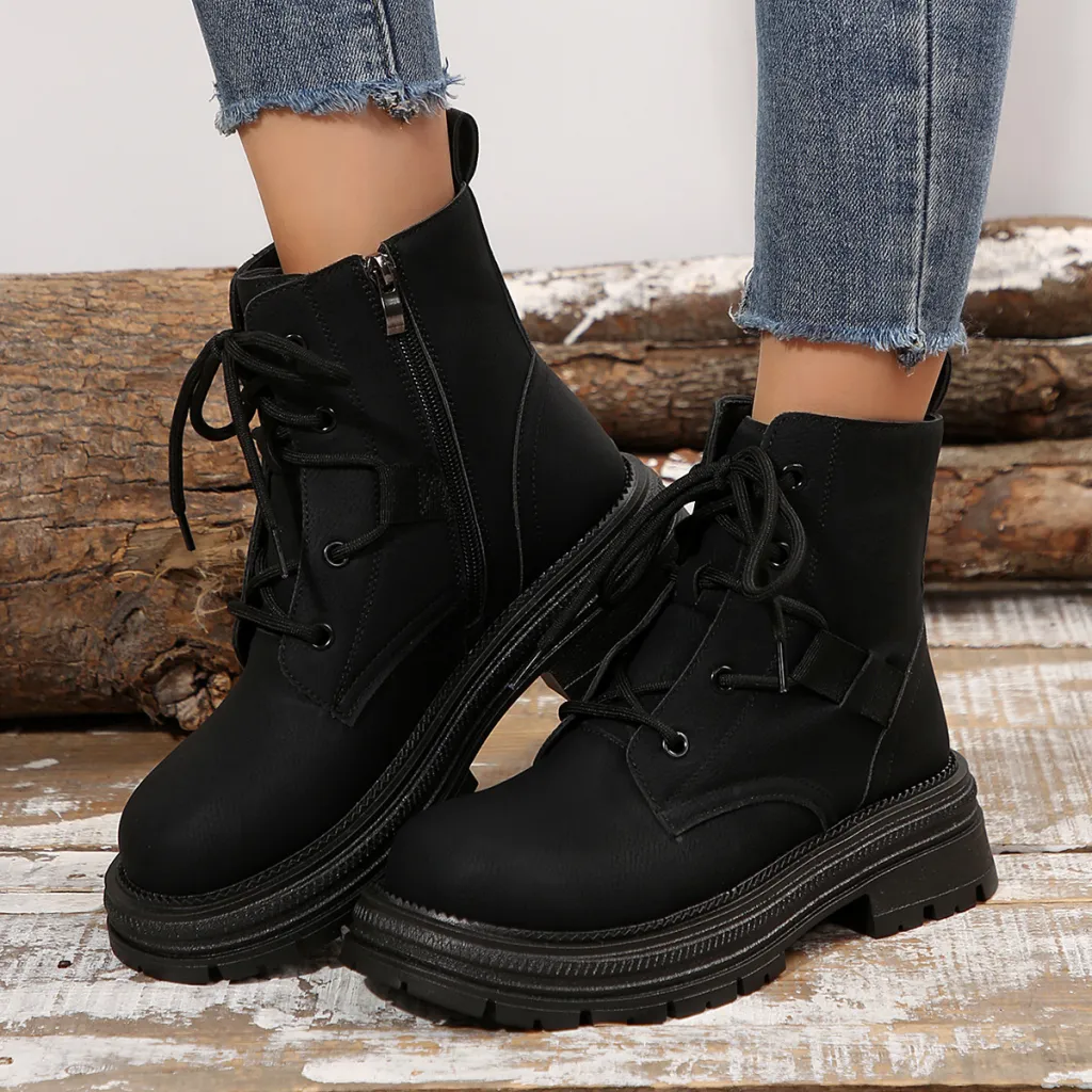 Square-heeled Lace-up Boots For Women Fall Winter All-match Slim Shoes Fashion Ankle Boot - Black