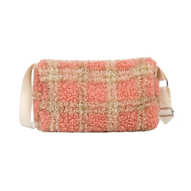 Plush Messenger Bag Fashion Cute Small Plaid Pink - Shop at LoveMi