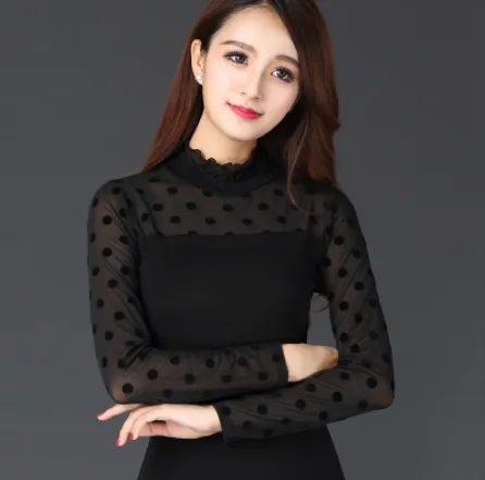 New Fungus Collar Mesh Lace Bottoming Shirt Slim Long sleeved T shirt Ladies Top Black Dots - Shop at LoveMi