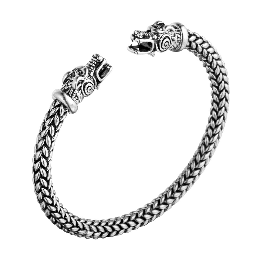 Asgard Crafted Small Handcrafted Stainless Steel Grey Wolf Head Torc Bracelet - Image of the bracelet crafted with stainless steel featuring a grey wolf head design.