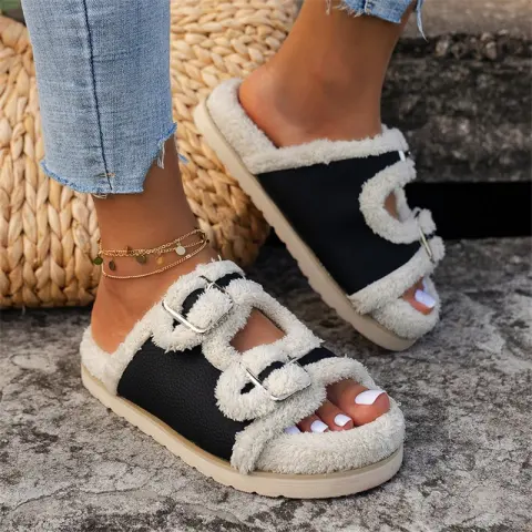 Autumn Winter Slipper Thick Sole Buckle Lamb Swool Slippers
