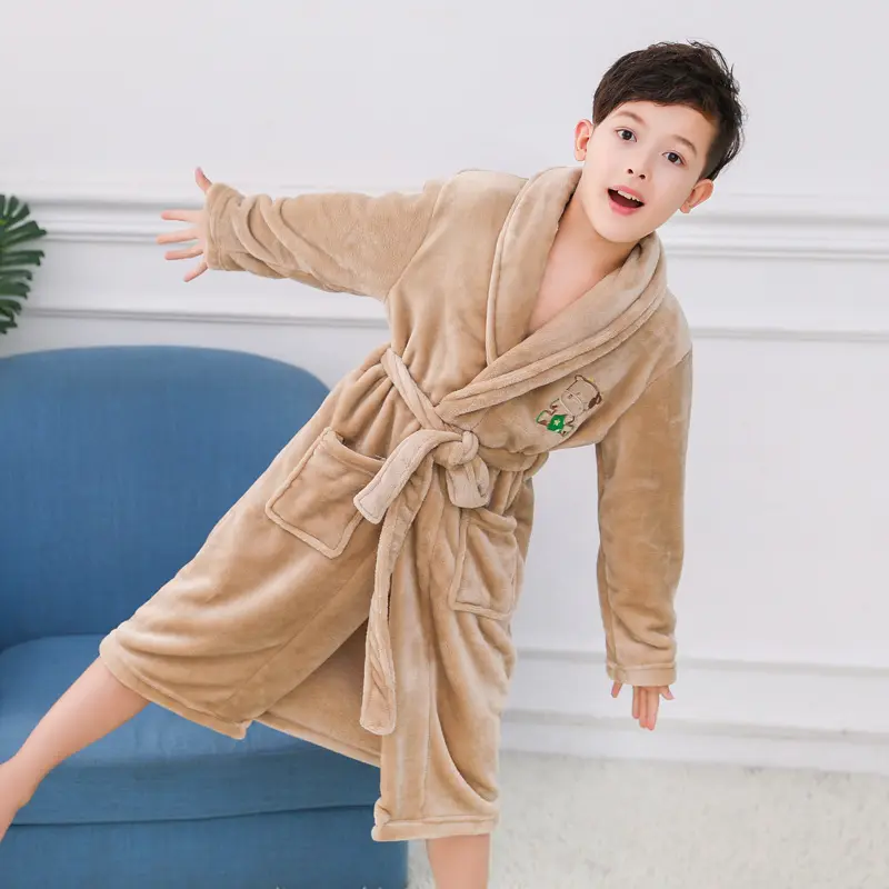 Children's Nightgown Boy's Bathrobe Flannel Thickened Coral