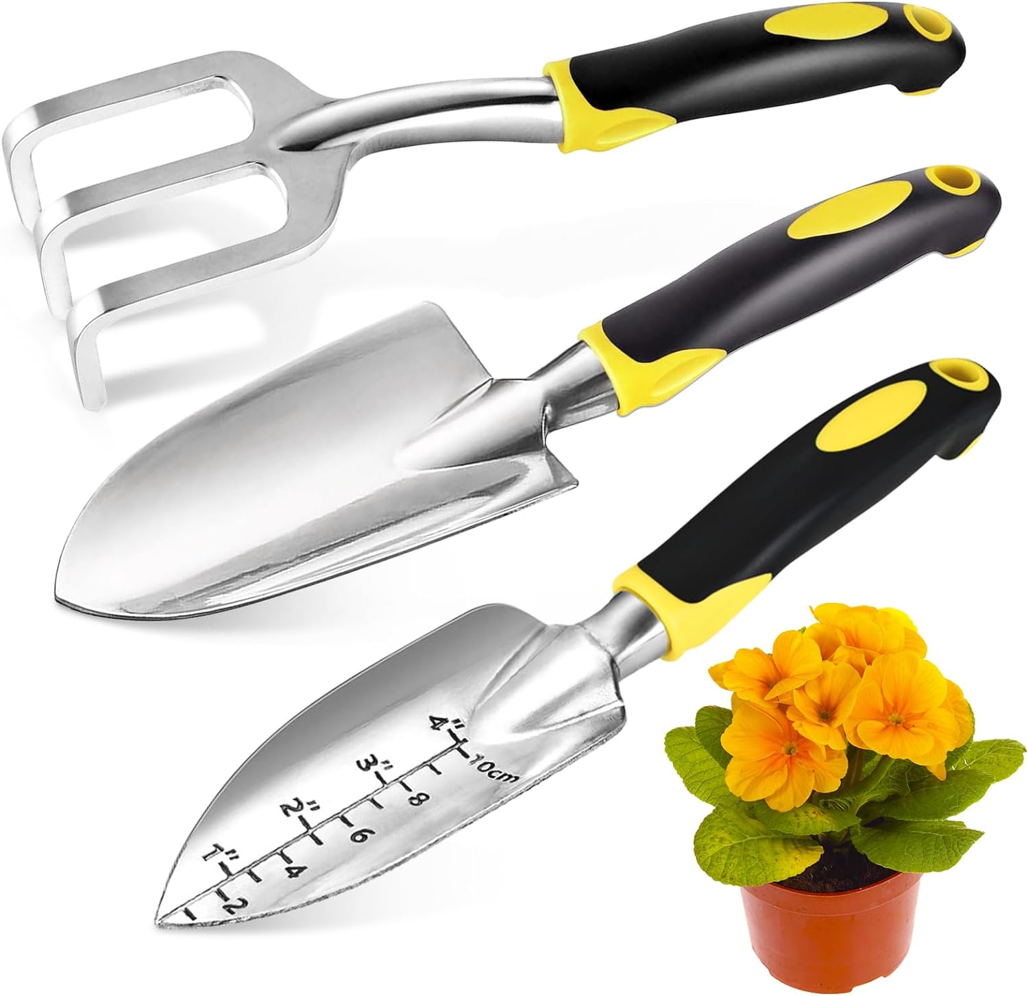 3pc Gardening Hand Tool Set with Ergo Grip. Lituford trowel garden tool, pruning shear made of heavy duty stainless steel, hand trowel and planting shovel made of aluminium alloy. Lightweight tools come with a moistureproof velvet bag for easy storage. Id