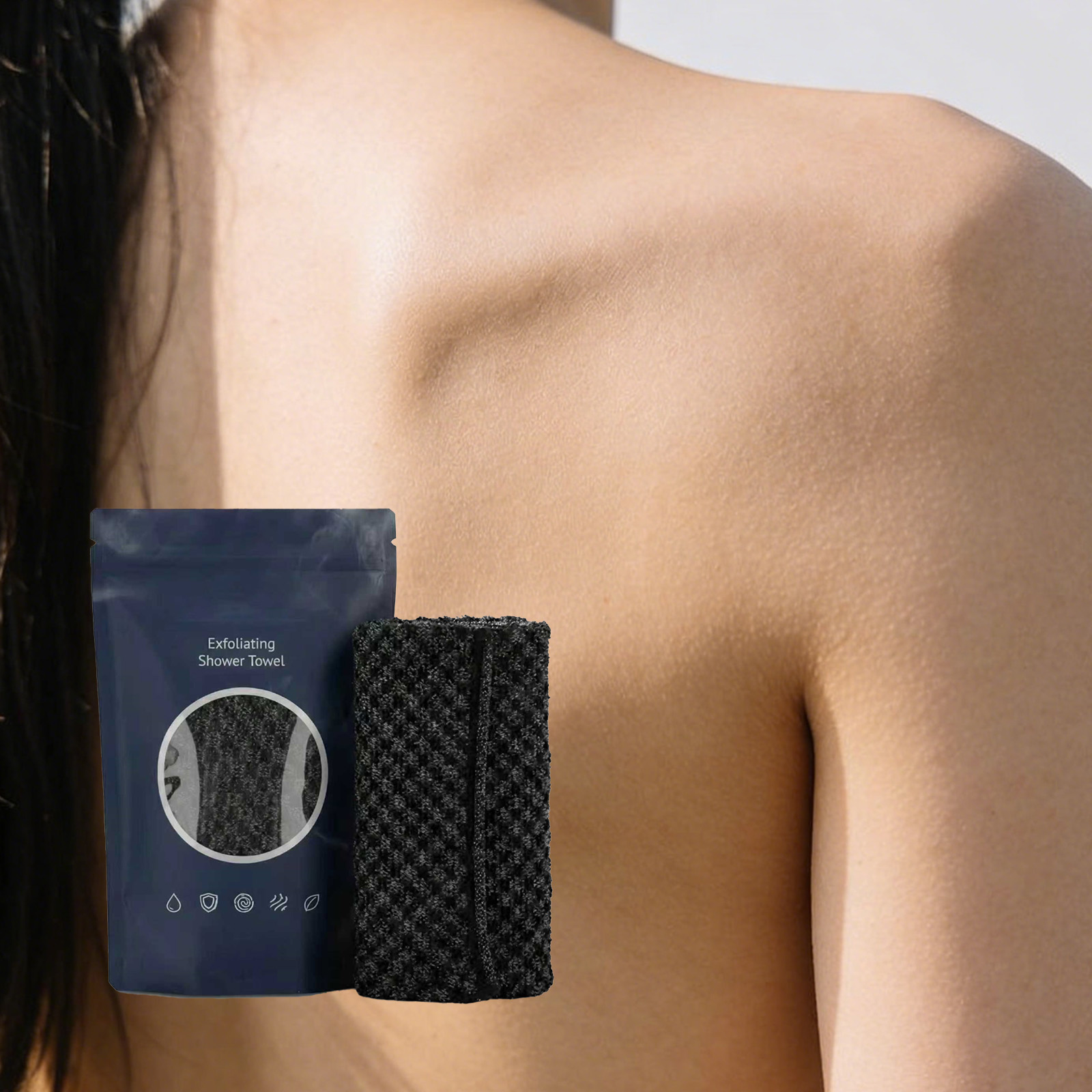 Prosop de baie exfoliant, cu model în carouri negre, 1 buc. în pungă