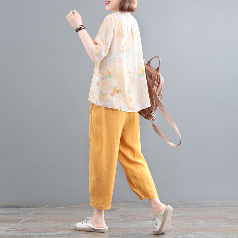 Women's Loose Casual Literary Pleated Harem Pants Suit