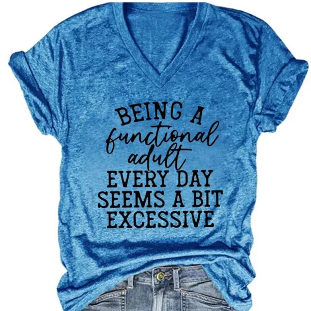 European And American English Solid Color Printing T shirt V neck Blue - Shop at LoveMi