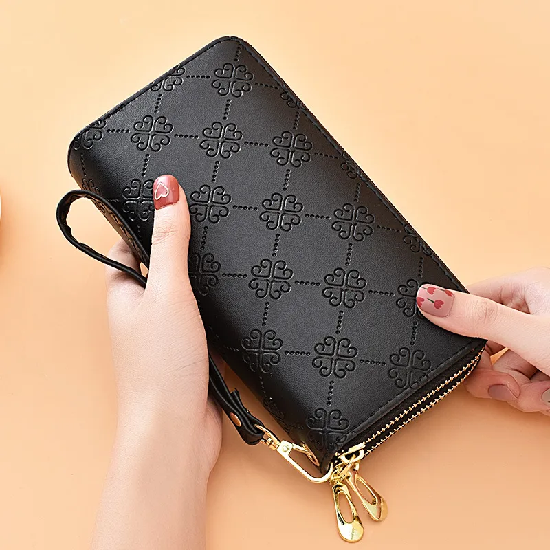 Women's Long Shiny Matte Double Zipper Large Capacity Purse Clutch Bag - Black