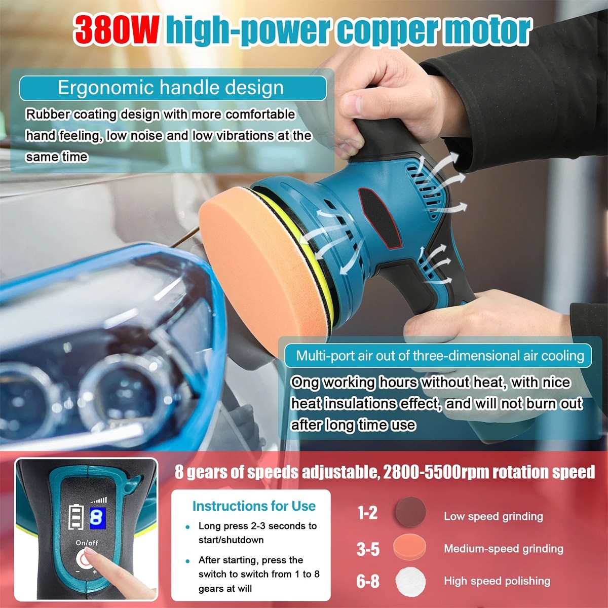 Cordless Car Polisher Buffer Sander Machine Polishing Pads Kit  2x Batteries 10