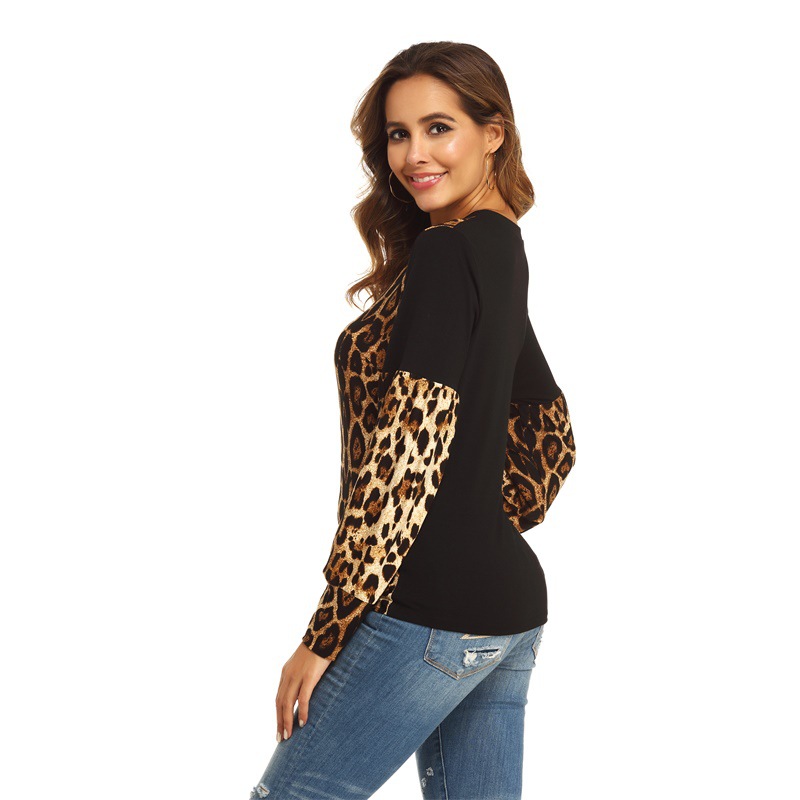 Autumn And Winter Leopard Print Color Contrast Long-sleeved Women's Top