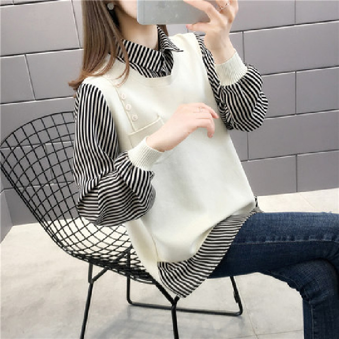 Sweater Loose Knit Sweater Long-sleeved Shirt Collar Fake Two Pieces Women's Tops