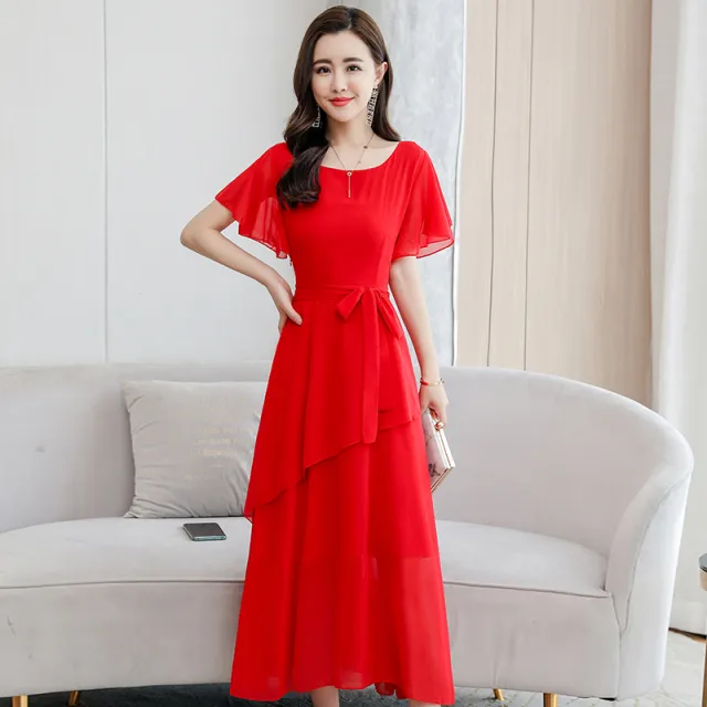 Short Sleeved Chiffon Sweet Dress For Women Red - Shop at LoveMi