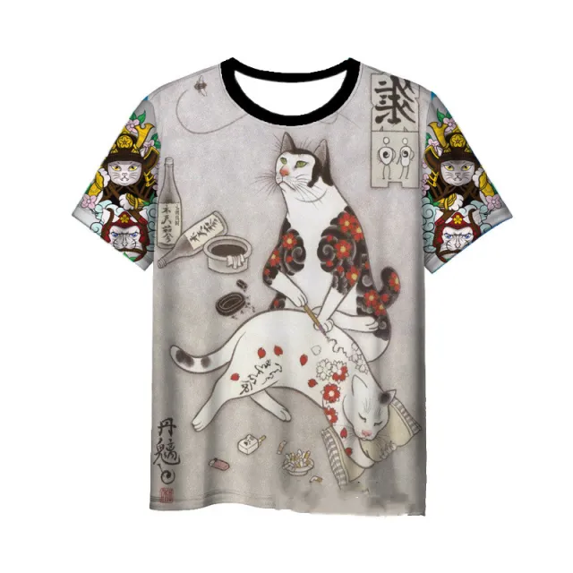 Japanese Samurai Cat 3D Digital Printing Men's Round Neck Short Sleeve 7Style M - Shop at LoveMi