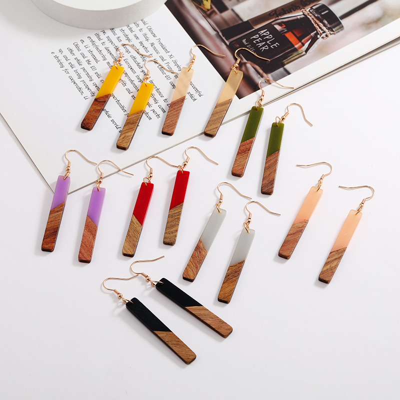 Stylish Simple And Versatile Wood Splicing Resin Creative Earrings For Women