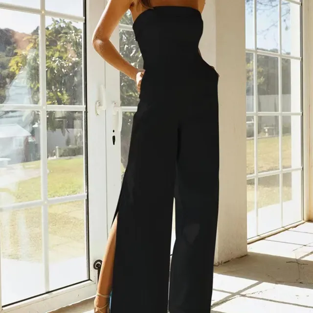 Sleeveless Tube Top Slit High Waist Jumpsuit Black - Shop at LoveMi