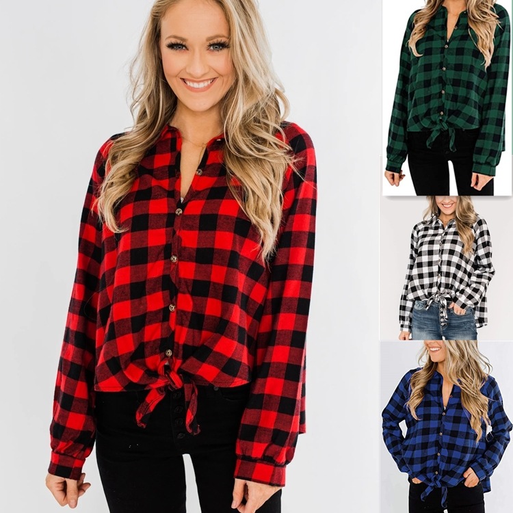 Title 2, Loose Plaid Tie Knot Long-sleeved Cardigan Shirt