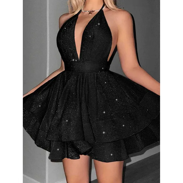 Women's Sparkly Halter Deep V Neck Backless Ruffle Sleeveless Sexy Mini Dress Black - Shop at LoveMi