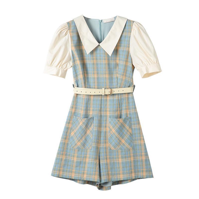 Women's French Vintage Check Thin Jumpsuit