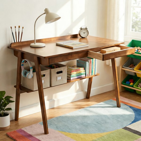 Solid Wood Writing Desk, Home Office Desk For Small Spaces, Mid Century Modern Desks With 2 Drawers & Storage Shelf, Standing Desk With Side Hooks For Study, Bedroom, Office  Walnut — foto 4