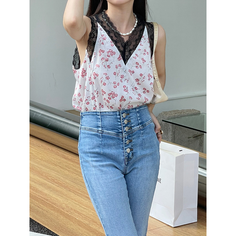 Lace Solid Cotton Faux Bottom Vest V-Neck Suspenders