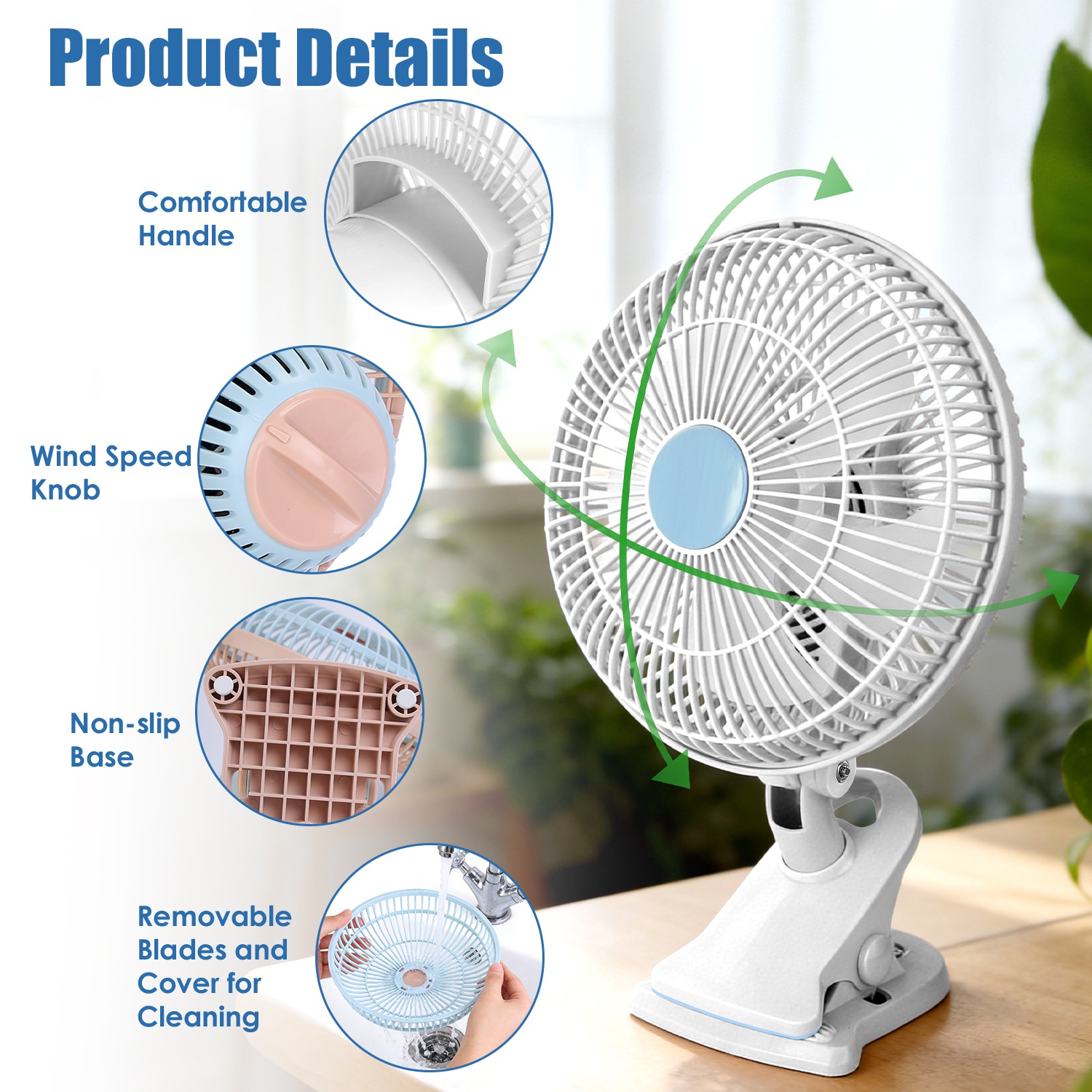8.66In Oscillating Clip On Fan 2 Speeds Quiet Clamp Fan With 90 Degree Oscillating & Tilting Angle Desktop Wall Mount For Home Office Dorms Strollers