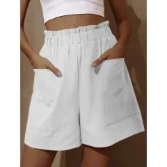 Wide-leg Casual Shorts With Pockets High Waist Elastic Pants Women - White - View 1