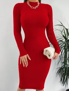 Mock Neck Ribbed Knit Sweater Dress - Red - View 1