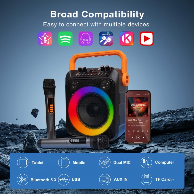 Karaoke Machine With 2 Wireless Microphones And RGB Color Lights,Karaoke... 5