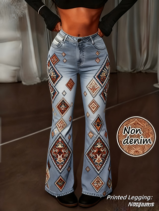 Pantalon évasé femme rétro imprimé, taille haute à bouton unique – Color1, XXL