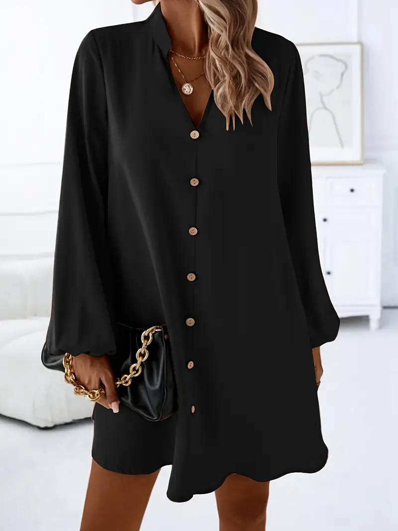 Women's V-Neck Long Sleeve Single-Breasted A-Line Dress in Black – solid color elegant casual dress
