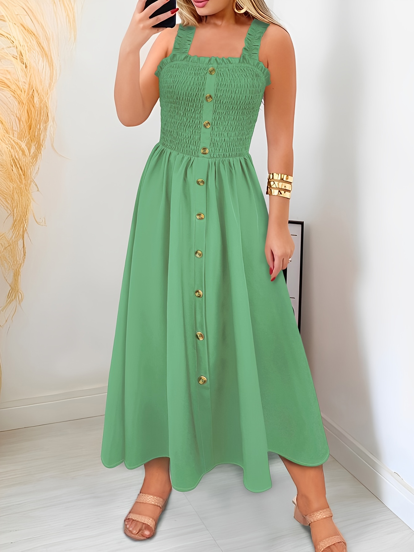 Stunning Shirred A-Line Maxi Dress - Elegant Square Neck, Sleeveless, Cami Style, Flattering Fit, Perfect For Spring & Summer, Women's Clothing, Versatile And Chic