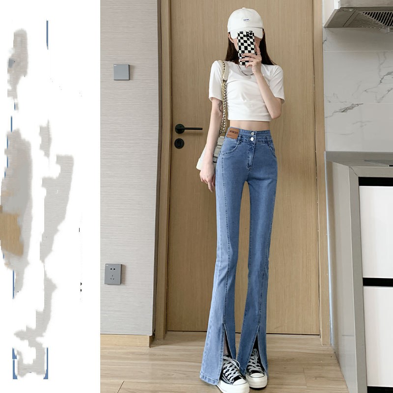 New Spring And Fall Straight High Waist Thin Wide Leg Slit Micro Flare Black Blue - Shop at LoveMi