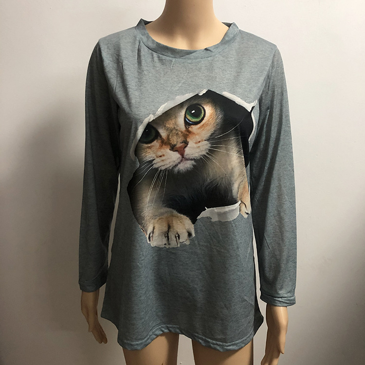 Fashion Round Neck Pullover Cat Long Sleeve Women's T Shirt Grey - Shop at LoveMi