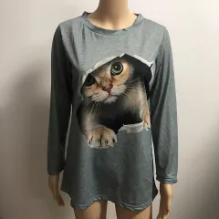 Fashion Round Neck Pullover Cat Long Sleeve Women's T-Shirt - Grey - View 1