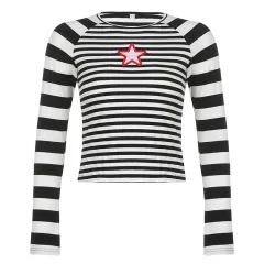 American Black And White Striped Long Sleeve T-shirt Pentagram Embroidery Slimming - White - View 1