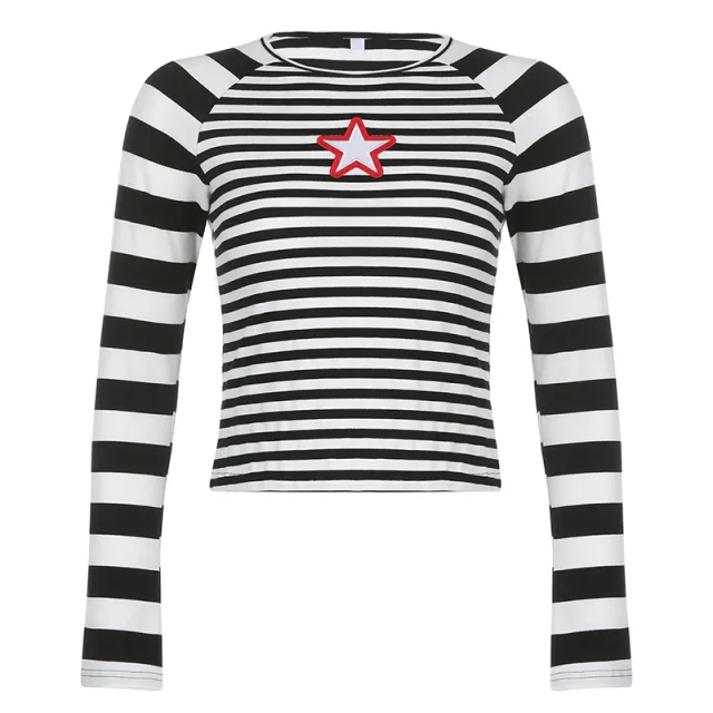 American Black And White Striped Long Sleeve T shirt Pentagram Embroidery Slimming White - Shop at LoveMi
