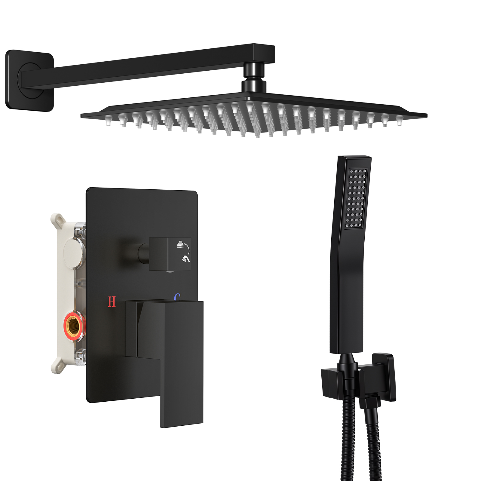 Wall-mounted Shower Faucet Set - 10-inch Square Overhead Spray - Handheld Shower Head With Pressure Balance And Temperature Control Valve