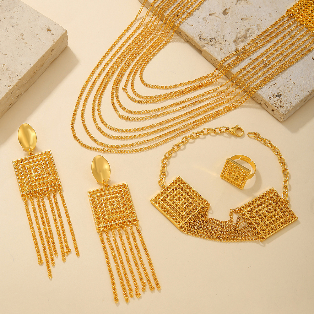 5pcs Fashion Ladies 18k Gold Plated Jewelry Set Tassel For Holiday Wear, Wedding Scene Jewelry, Multi-layered Temperament Wedding Jewelry — foto 3