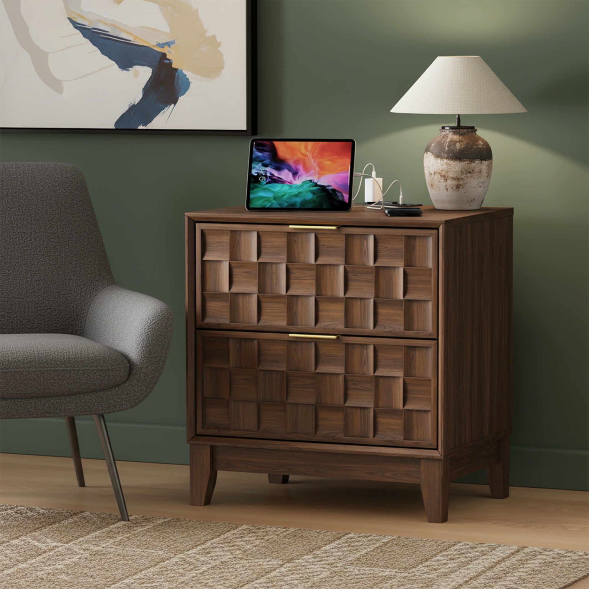 Night Stand With Charging Station, Wooden Nightstand Bedside Table, 2 Drawers With Chessboard Relief And Charger, Oak - 2