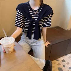 Female Niche Knitwear Striped Fake Two-piece Top Ice Silk T-shirt - Black - View 1