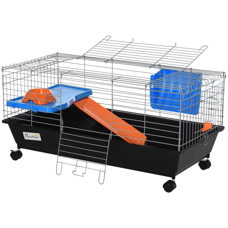 Small Animal Cage With Food Dish, Water Bottle, Hay Feeder, Platform, Ramp For Chinchilla, Black
