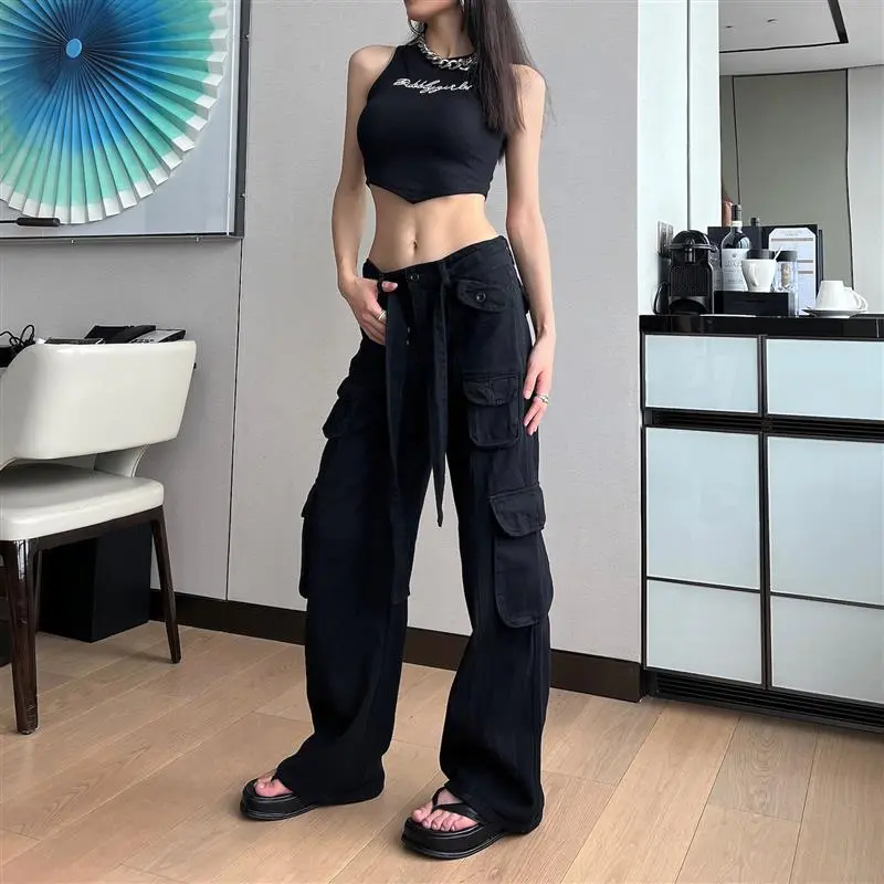 Women's Lace-up Low Waist Loose Straight Jeans - Black