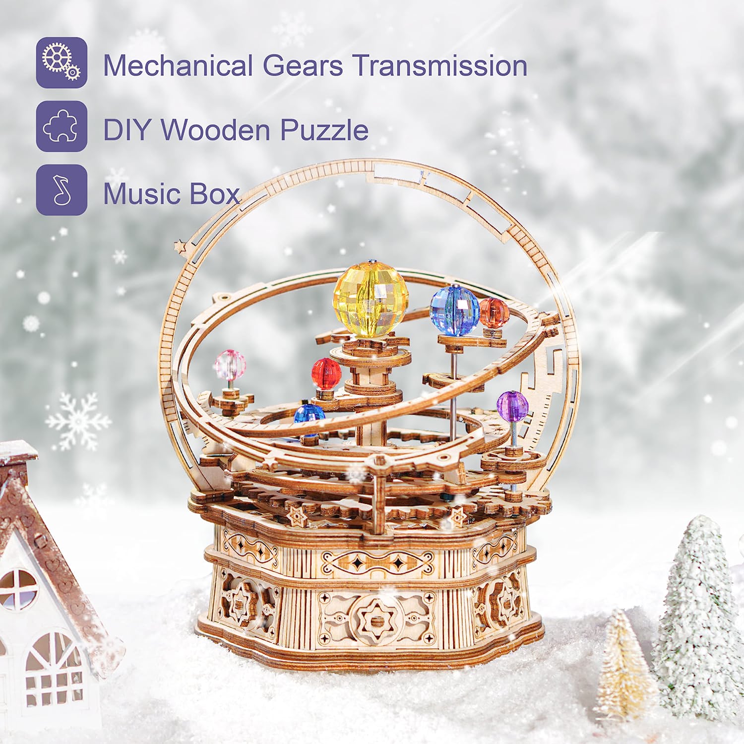 Rokr Rotating Starry Night Mechanical Music Box 3D Wooden Puzzle Assembly Model Building Kits Toys For Children Kids - AMK51