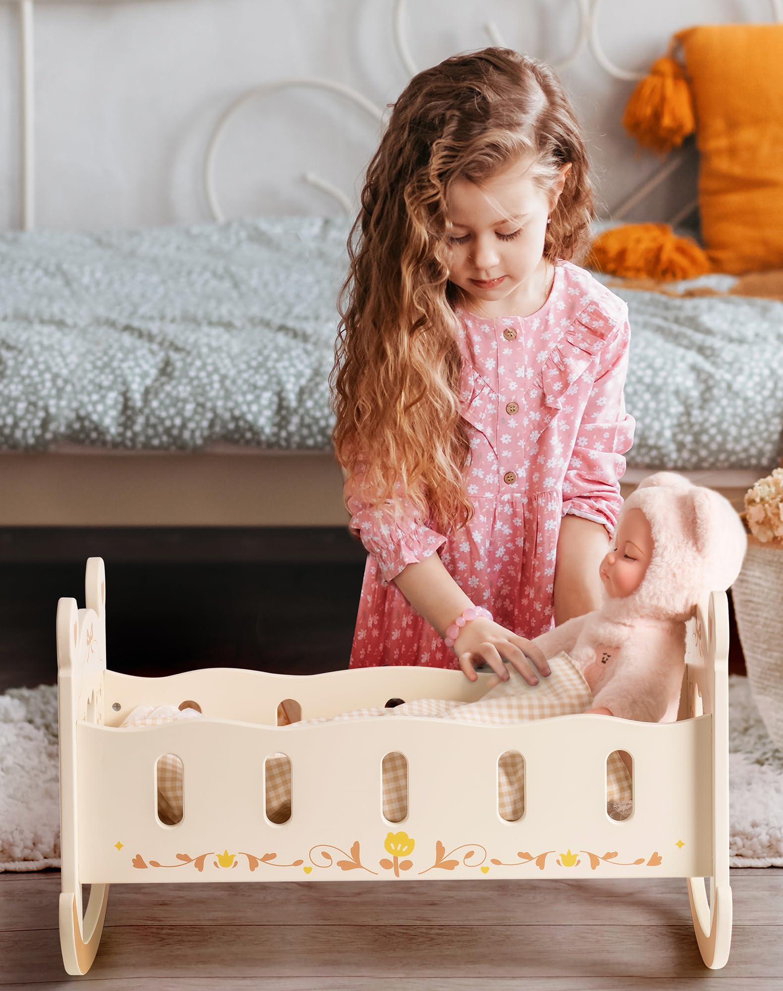 wooden baby doll cradle with bedding for 18 inch dolls