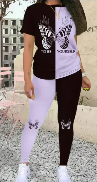 Women's Alphabet Printed Round Neck T Shirt And Leggings Set Black - Shop at LoveMi